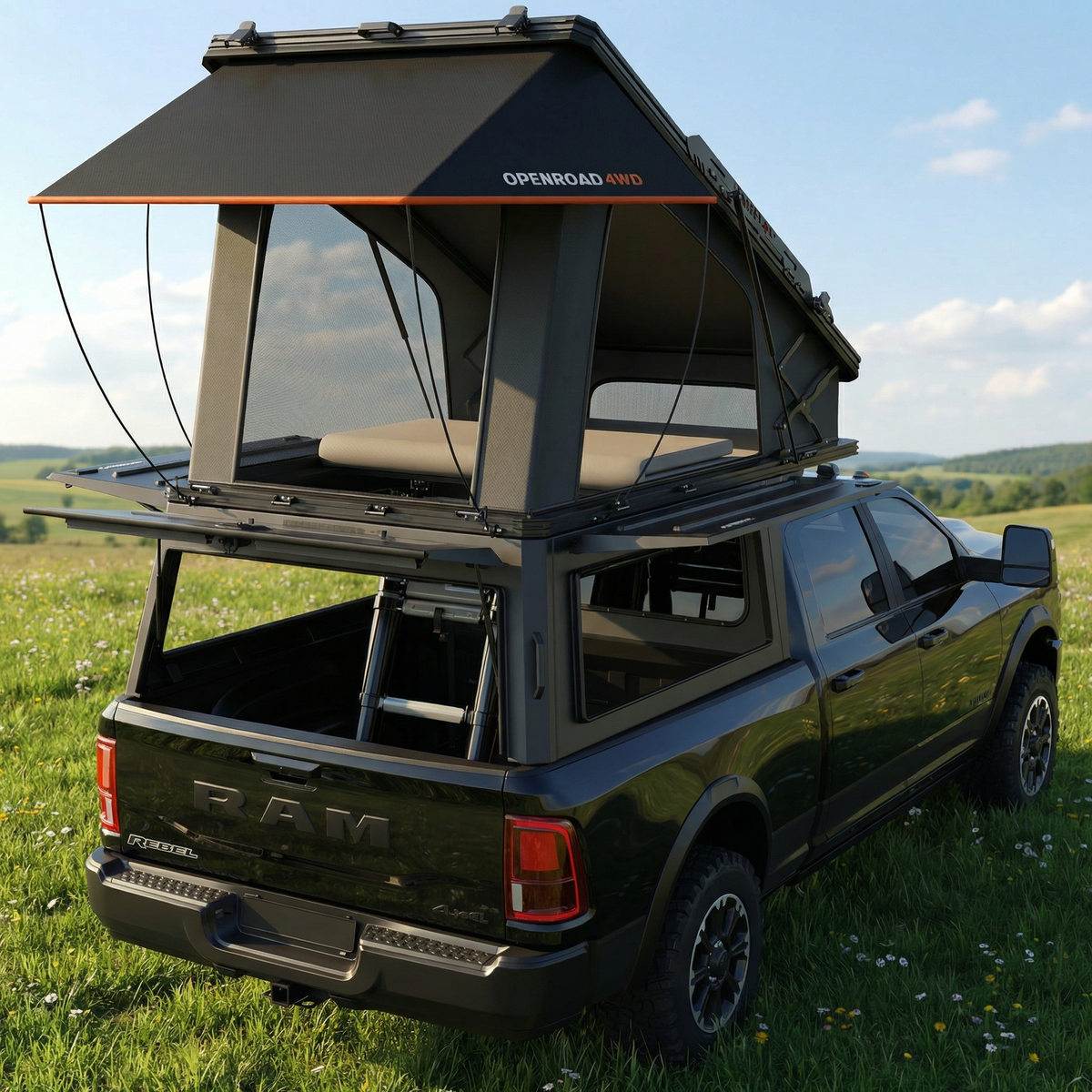 OPENROAD Aluminum Truck Topper with Integrated Rooftop Tent — Lightweight 4-Season Overland Camper